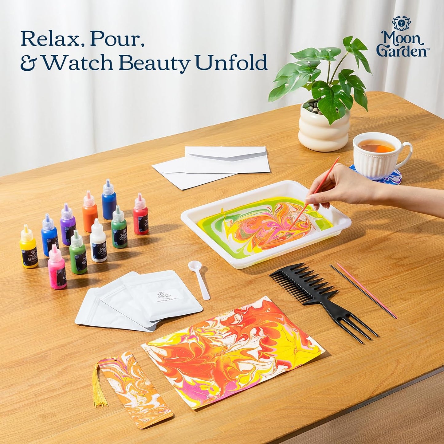 MoonGarden Marble Painting Coaster kit - Marble Painting Kit for Adults - 12 Color Paints, Ceramic Coasters, Bookmark Paper and Cardstock Paper - Relaxing and Creative DIY Activity