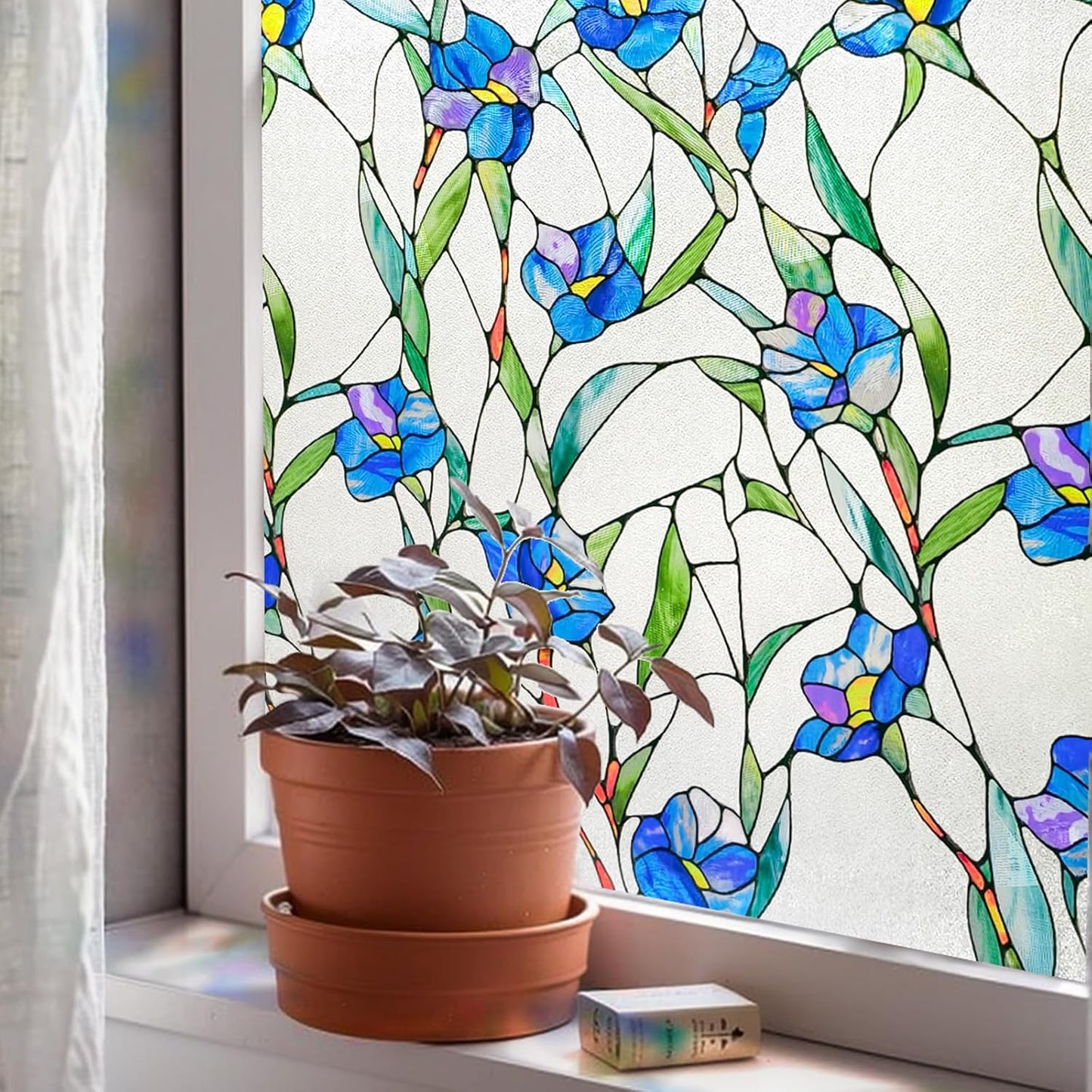 3D Stained Glass Window Film, Decorative Window Privacy Film for Bathroom,Front Door,Home, Sun Blocking Heat Control,Static Cling, Blue Eustoma 23.6inch x 35.4inch