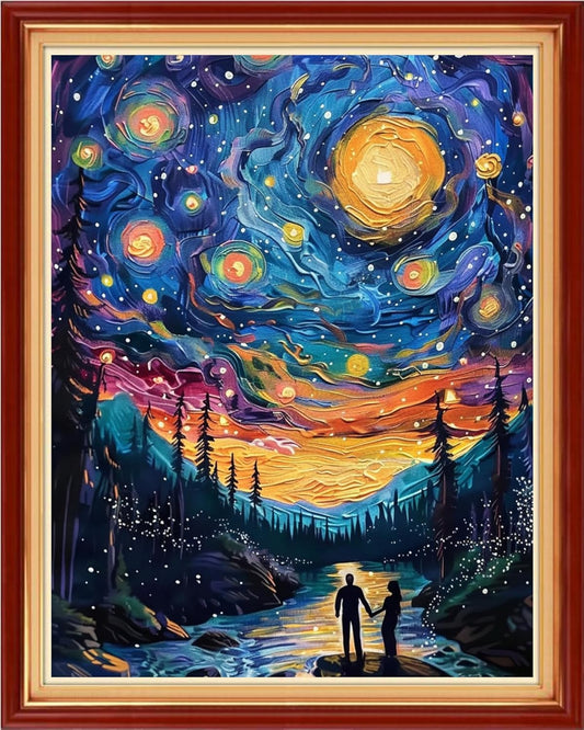Funchey Stamped Cross Stitch Kits, DIY Cross Stitch Pattern for Adults Beginners Needlepoint Kits Embroidery Kit Arts and Crafts 11CT-Romantic Couples Under The Starry Sky 16x20 inch