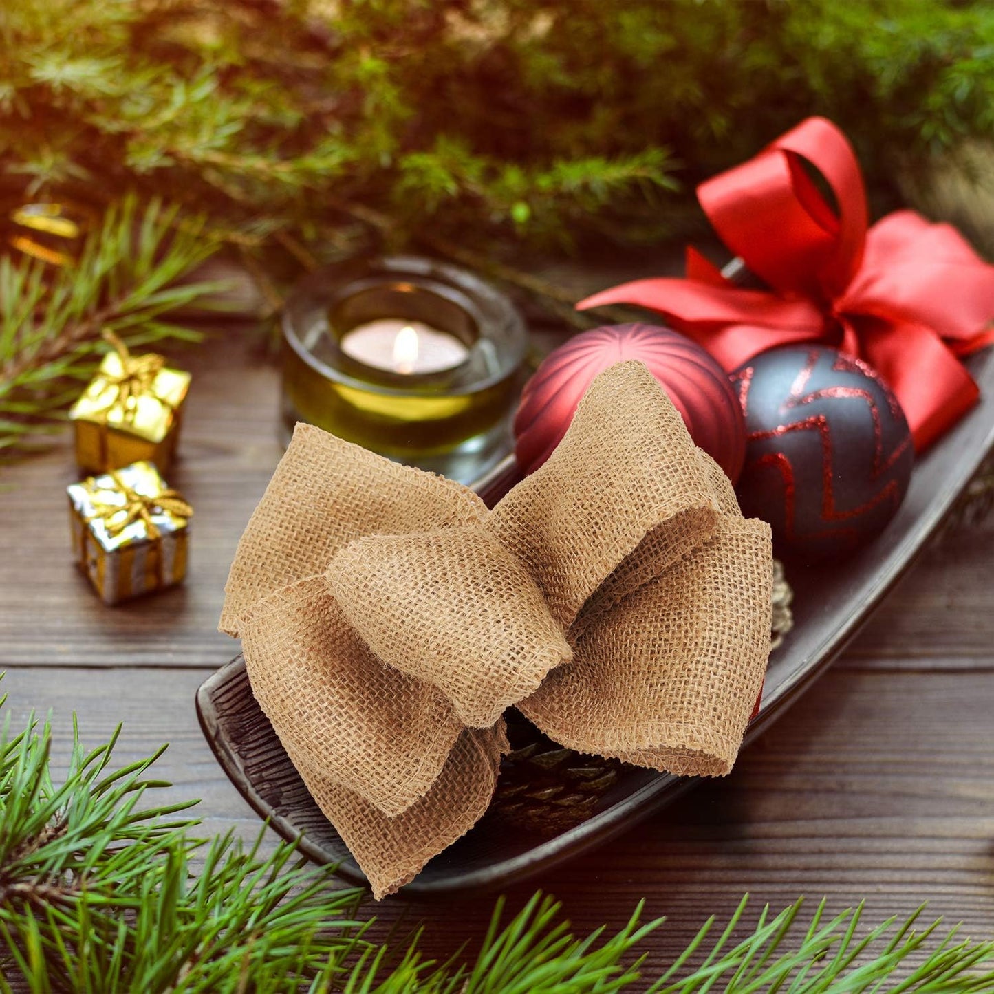 KINJOEK 2 Inch Wide 27 Yards Burlap Ribbon - Natural Jute Fabric for Christmas Wedding Gifts, DIY Crafts and Decoration