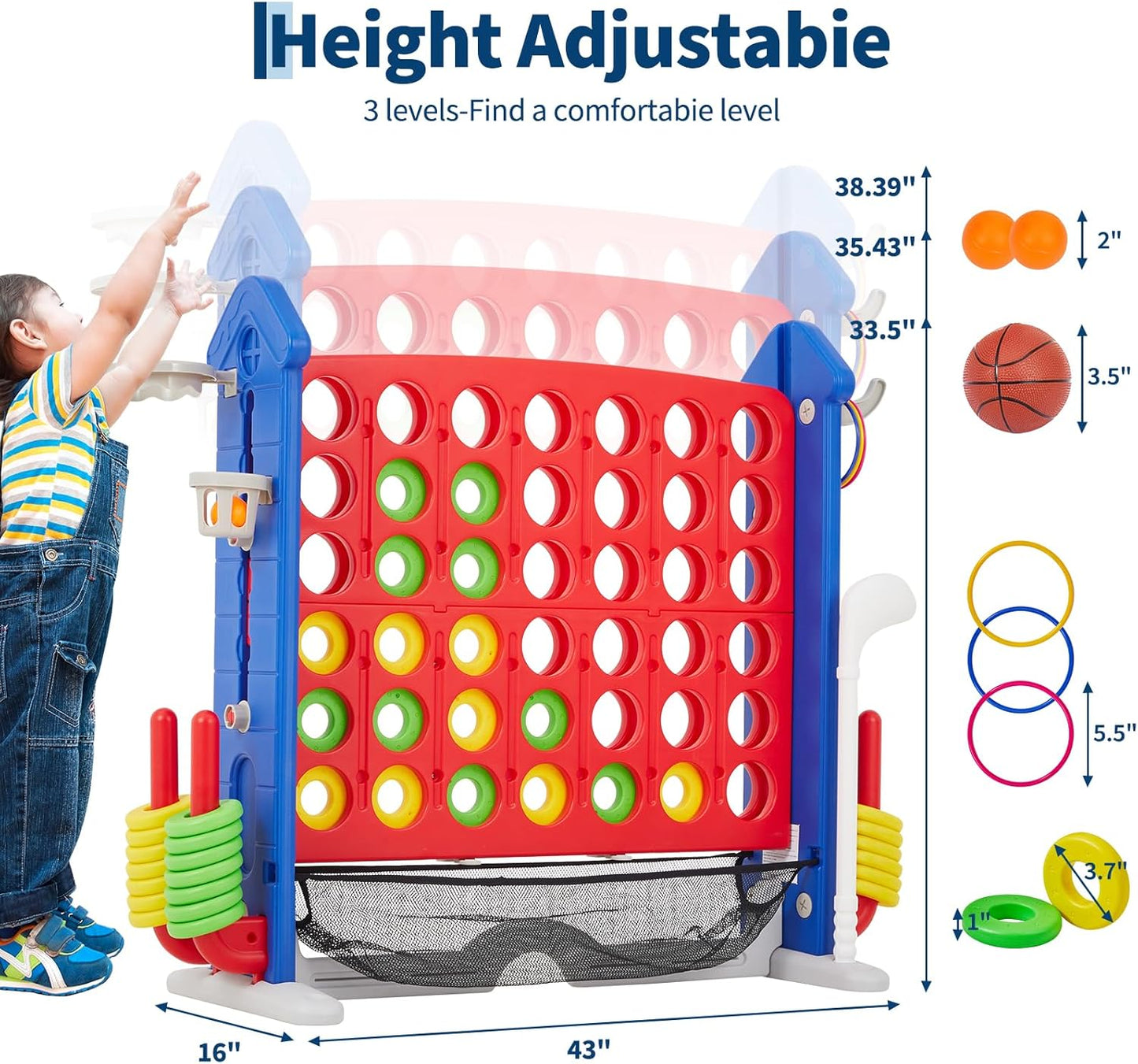 Giant 4 in a Row Game,Adjustable Height Board Jumbo 4-in-a-Row Game with Quick-Release Slider,Mini Basketball,Golf & Ring Toss Set for Family Party, Outdoor & Indoor
