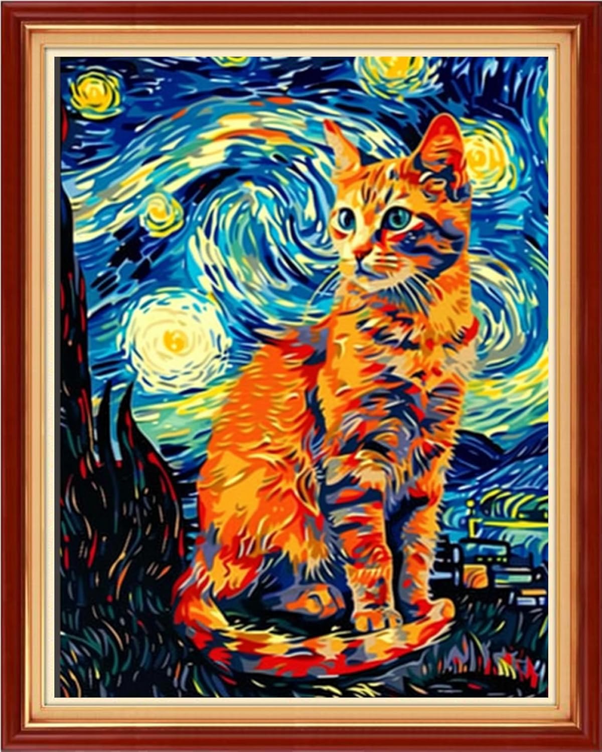 Foxdiviy Stamped Cross Stitch Kits for Beginners Full Range of Cross Stitching 11 CT Printed Cross Stitch Kits for Kids Adults Cross Stitch Patterns Needlepoint Kits-Van Gogh Starry Cat 16x20 inch