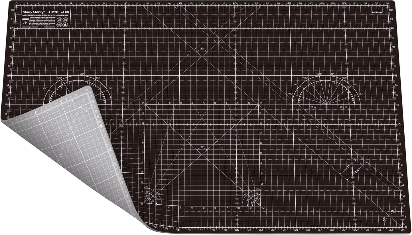 Self Healing Cutting Mat A1 24"x36" – Double Sided 5-Ply Craft Mat for Sewing, Quilting, Fabric, Scrapbooking – Black/Gray