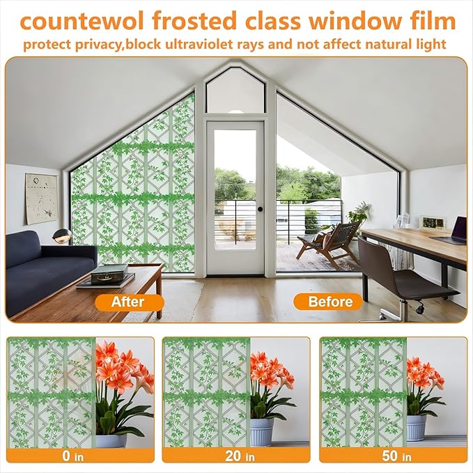 Frosted Glass Window Privacy Film with Installation Tools Removable Peep-Proof Static Cling Heat Control UV Protection Ideal for Home Office Bathroom Door(Frosted Ivy, 35.4 x 78.7 Inch)