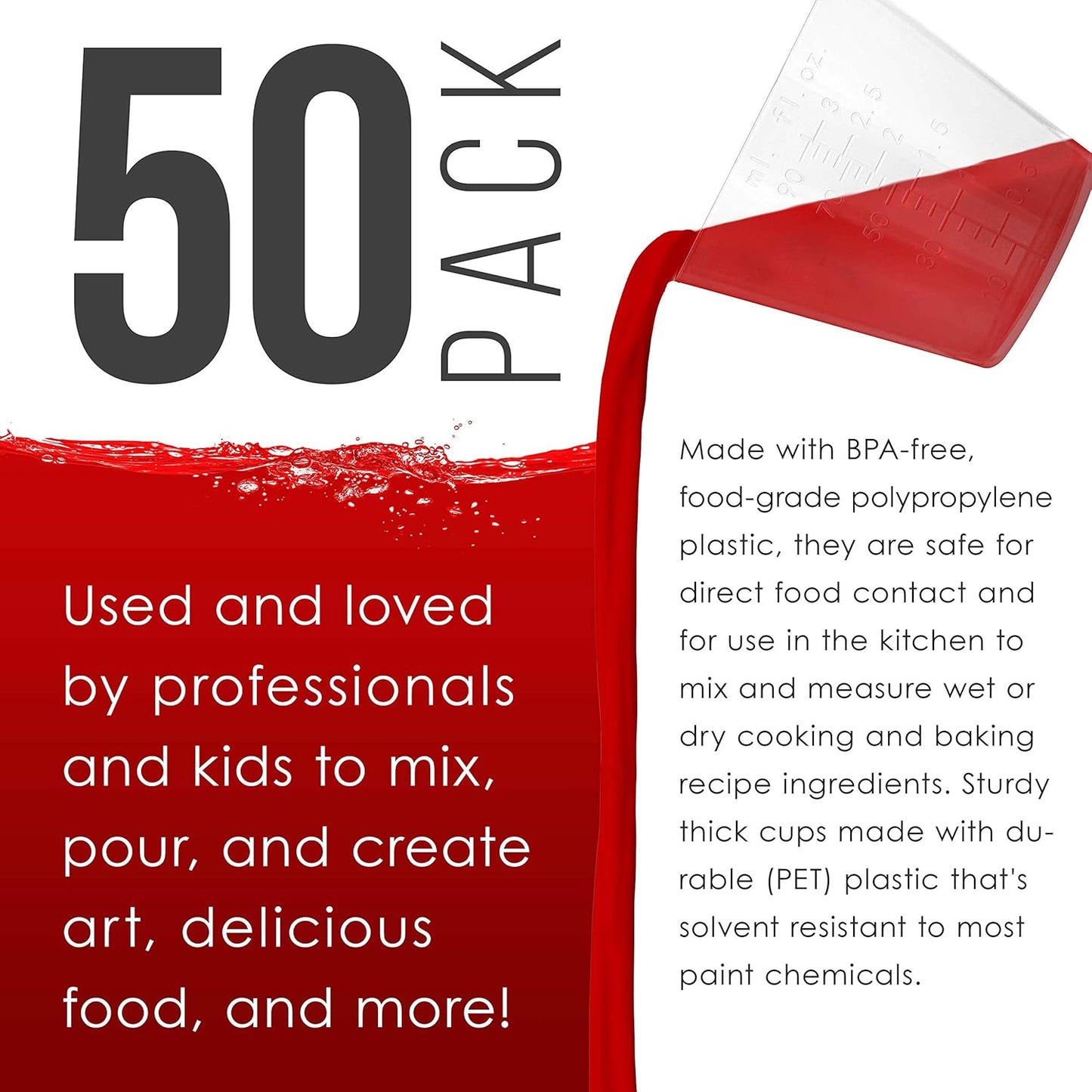 Pouring Masters 3 Oz (90 ml) Liquid Measuring Cups - Plastic Graduated Cup (50 Pack) with 25 Sticks - Reusable Mixing Cups for Paint, Craft, Kitchen, Lab, Medical Supplies, Epoxy Resin, Art