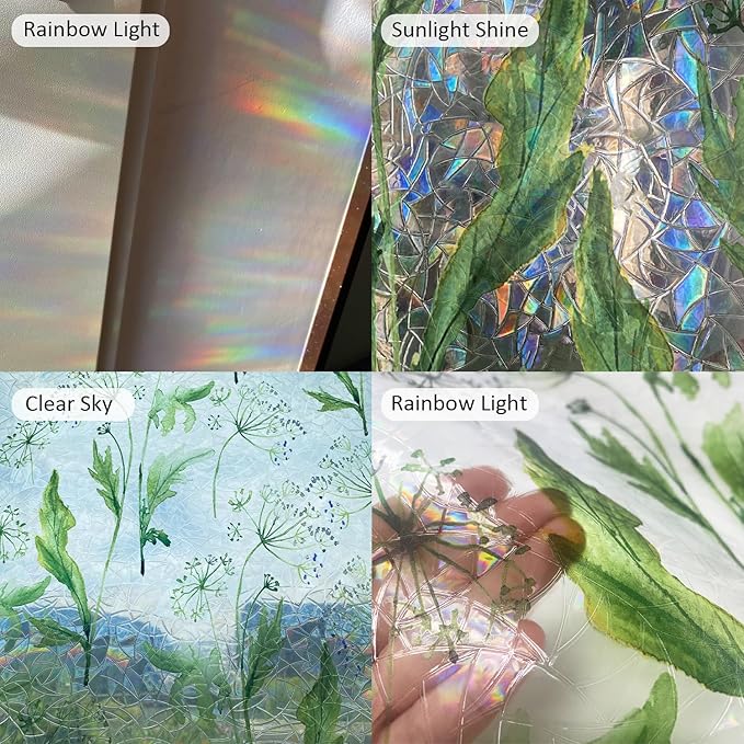 Rainbow Watercolor Green Leaves Window Film, Privacy Iridescent Static Cling Double-Sided Decals for Window Door Glass Decor, Wild Grass, 118.11" x 29.52"