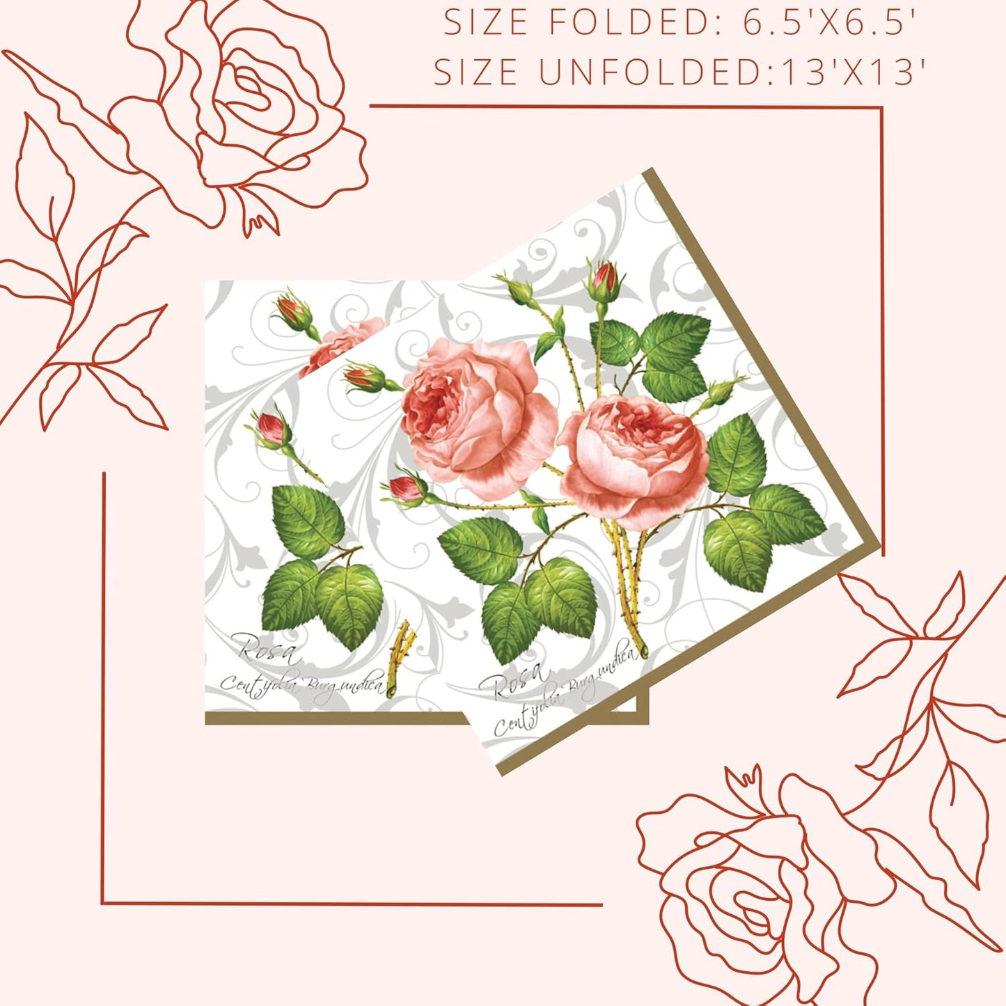 20-ct 13x13 Flowers Paper Luncheon Decoupage Napkins, 3-Ply Servilletas Printed Baby Roses Cocktail Napkin for Art, Dinner and Party, Disposable Napkins Decor