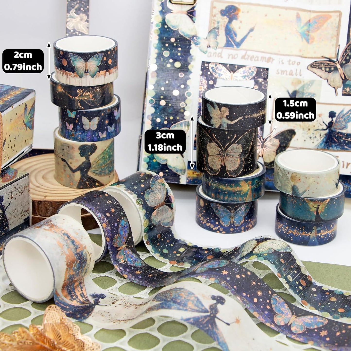 14 Rolls Washi Tape Set - Gold Foil Green Fairy Decorative Masking Tape Butterfly, Fairy, Star, Magic, Adhesive Tape for Bullet Journal,DIY Craft,Scrapbooking Supplies,Gift Wrapping