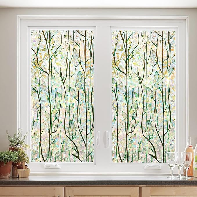 Finnez Window Privacy Film Window Film 3D No Glue Glass Sticker for Glass Door Home and Office Heat Control Anti UV (17.5 Inch x 13.1 Feet, Rainbow Grove)