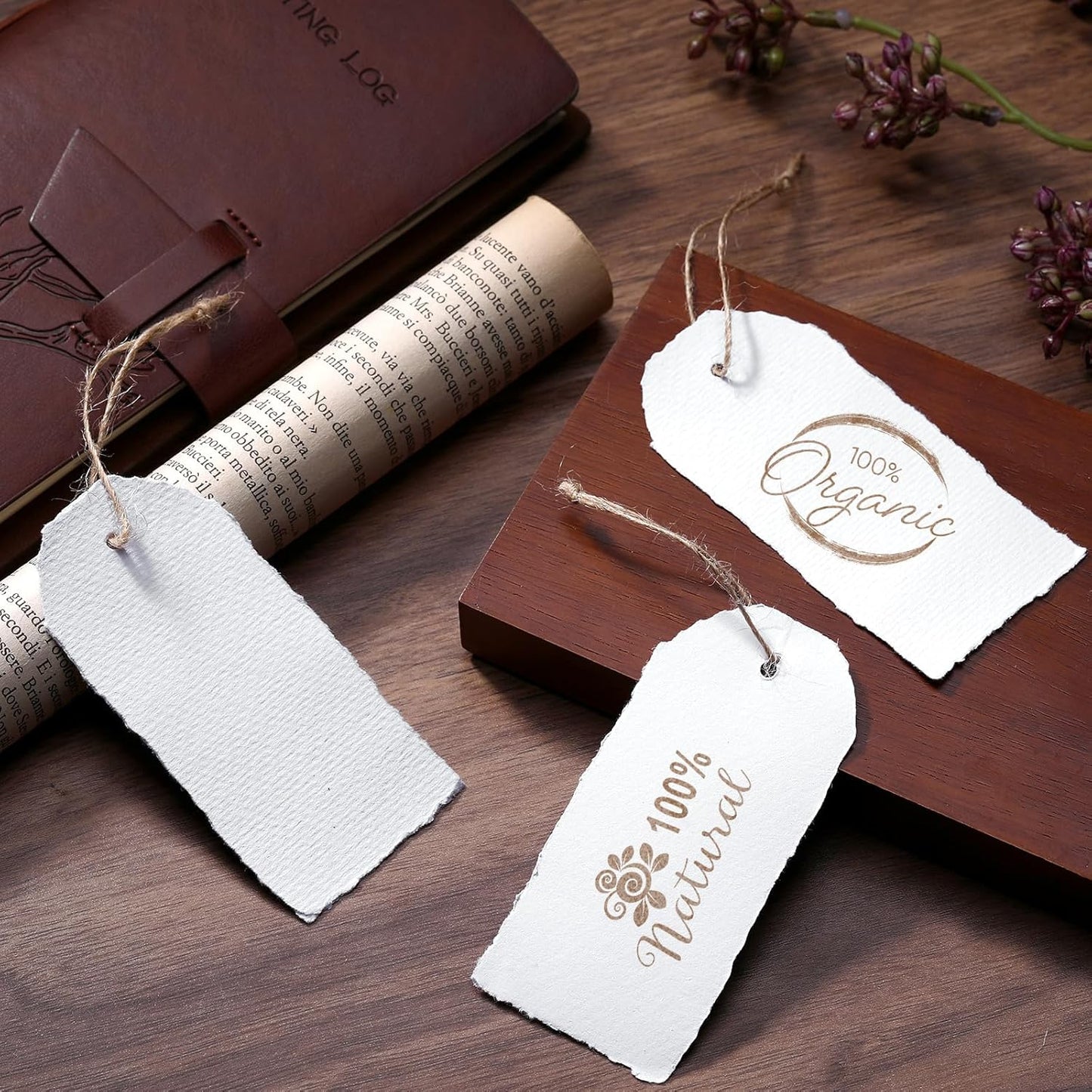 50 Pack Handmade Vintage Deckle Edge Tags with String 3.75 x 1.75 Thick 160 GSM Cotton Gift Tags with String Attached for Name Cards Place Cards Arts Crafts Gift(White)