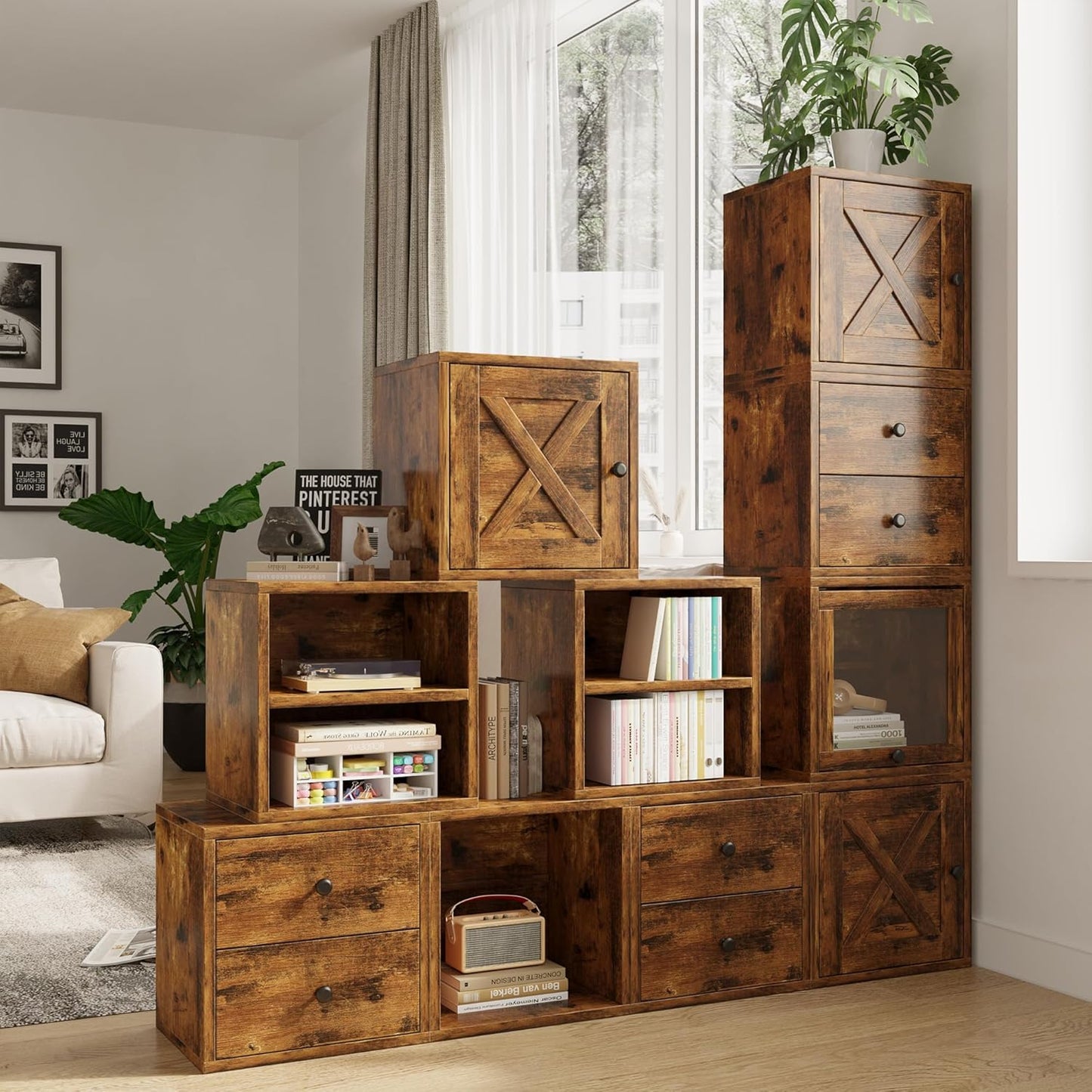 FUSUNBAO Magic DIY Cube Storage Organizer Stackable Cubes for Home Books Clothes Toy-Modular Cubby Storage System-Office Cubical-Bookcase Closet(Antique Brown, Glass Door Cube)