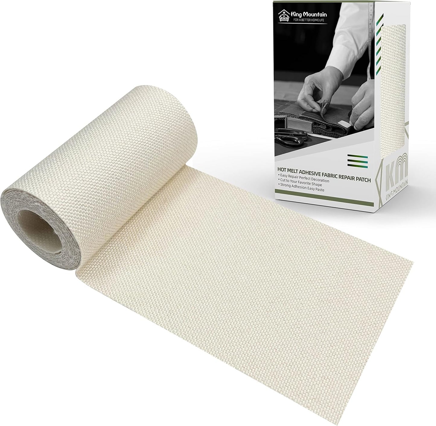 KING MOUNTAIN Linen Fabric Iron-on Repair Patch, Inside&Outside Fabric Repair Patch, 3"x60" with Backing Glue Linen Repair Decorative Patch kit (Off-White)