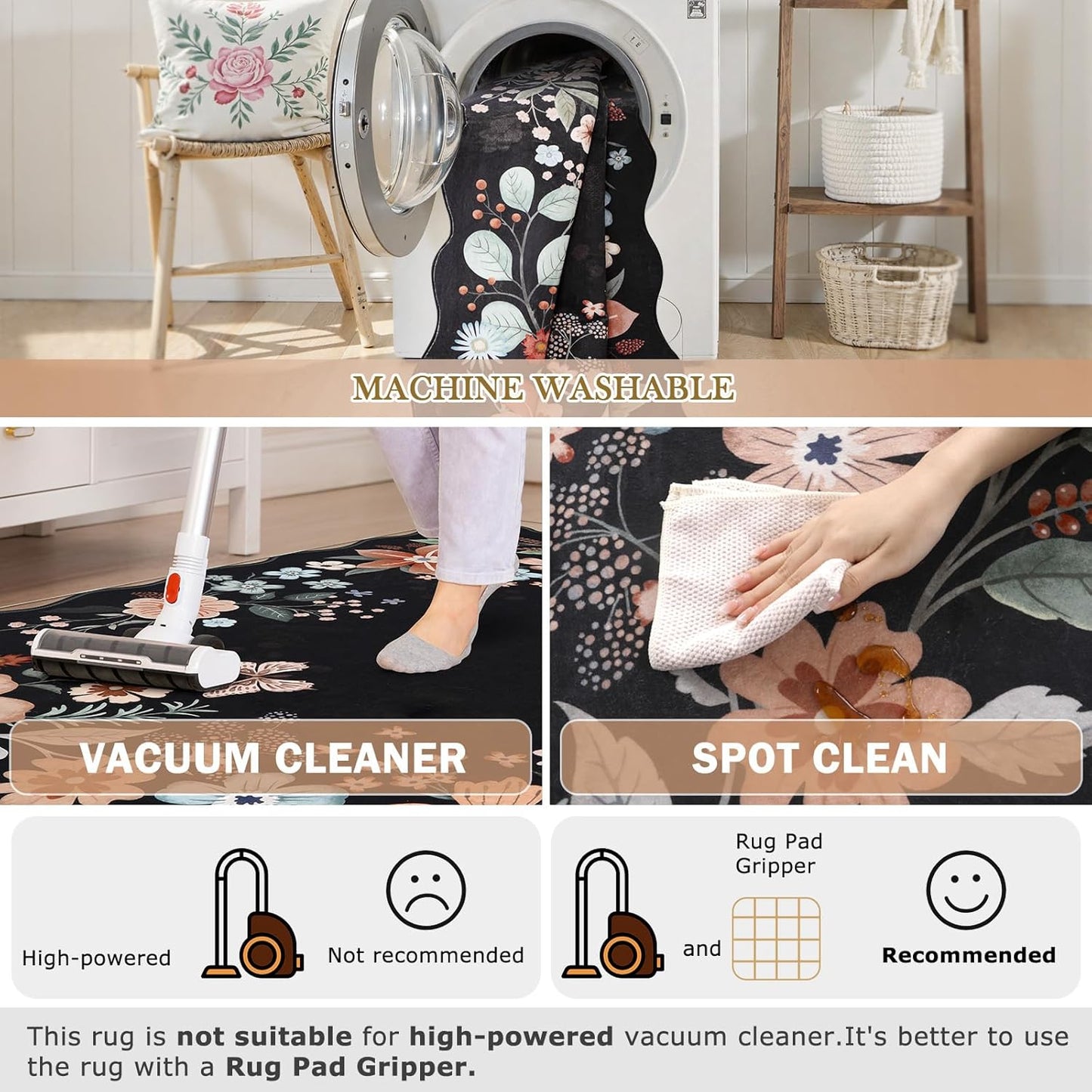 Beeiva 6x9 Rug for Living Room - Scalloped Floral Printed Bedroom Rug Machine Washable Area Rug Soft Area Rug Boho Ultra-Thin Stain Resistant Aesthetic Carpet for Playroom Dorm Office(Black,6x9ft)