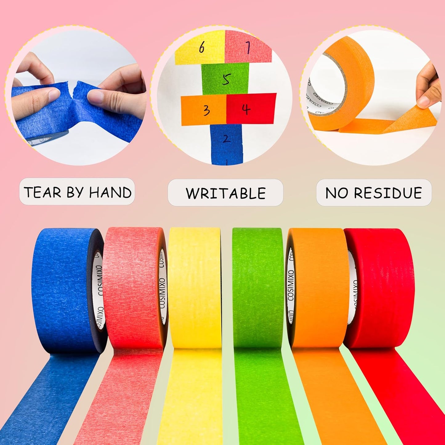 COSIMIXO Colored Masking Tape 1.88 inches x 60 Yards,Rainbow Colors Painters Tape 6 Rolls Colorful Painters Tape for Painting, Arts & Crafts, Labeling, Residue-Free Removal, Easy Hand-Tear