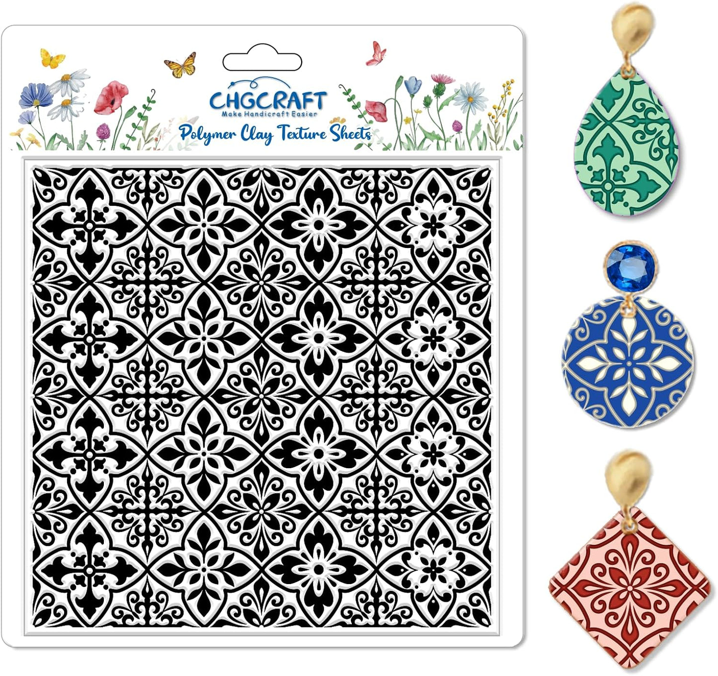 CHGCRAFT Mandala Pattern Polymer Clay Texture Sheet Retro Tile Pattern Silicone Texture Mat for Polymer Clay Making Earrings Jewelry DIY Crafts 5.5 × 5.5 Inch