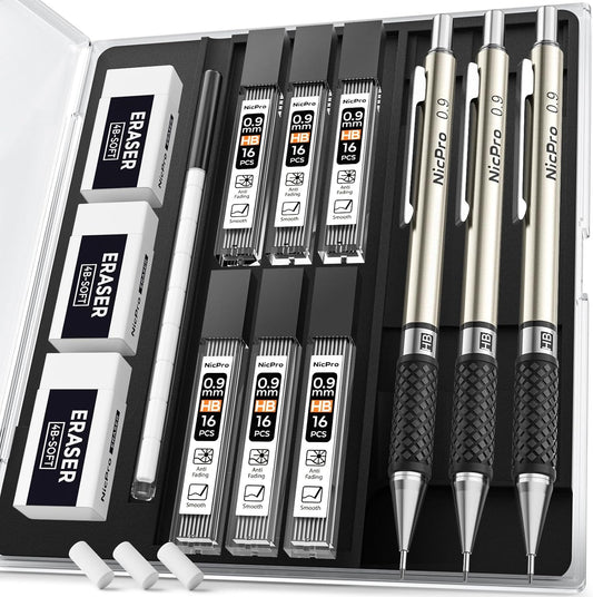 Nicpro 0.9 mm Art Mechanical Pencils Set in Gift Case, 6 PCS Metal Drafting Pencil 0.9mm with 6 Tube HB Lead Refills & 18 PCS Eraser Refills for Adults, Children, Artist Writing, Drawing, Sketching