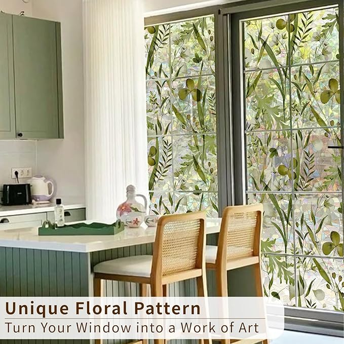 Rainbow Watercolor Green Leaves Window Film, Privacy Iridescent Static Cling Double-Sided Decals for Window Door Glass Decor, Herbs, 39.37" x 16.93"