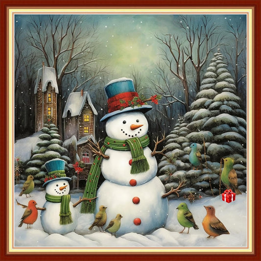 Disxvivy Cross Stitch Stamped Full Embroidery Kits DIY 11CT Cotton Thread Printed DIY Needlepoint Kits Craft Needlework Set Cross-Stitch Stamped Sets-Snowman Snowy Scenery 18x18 inch