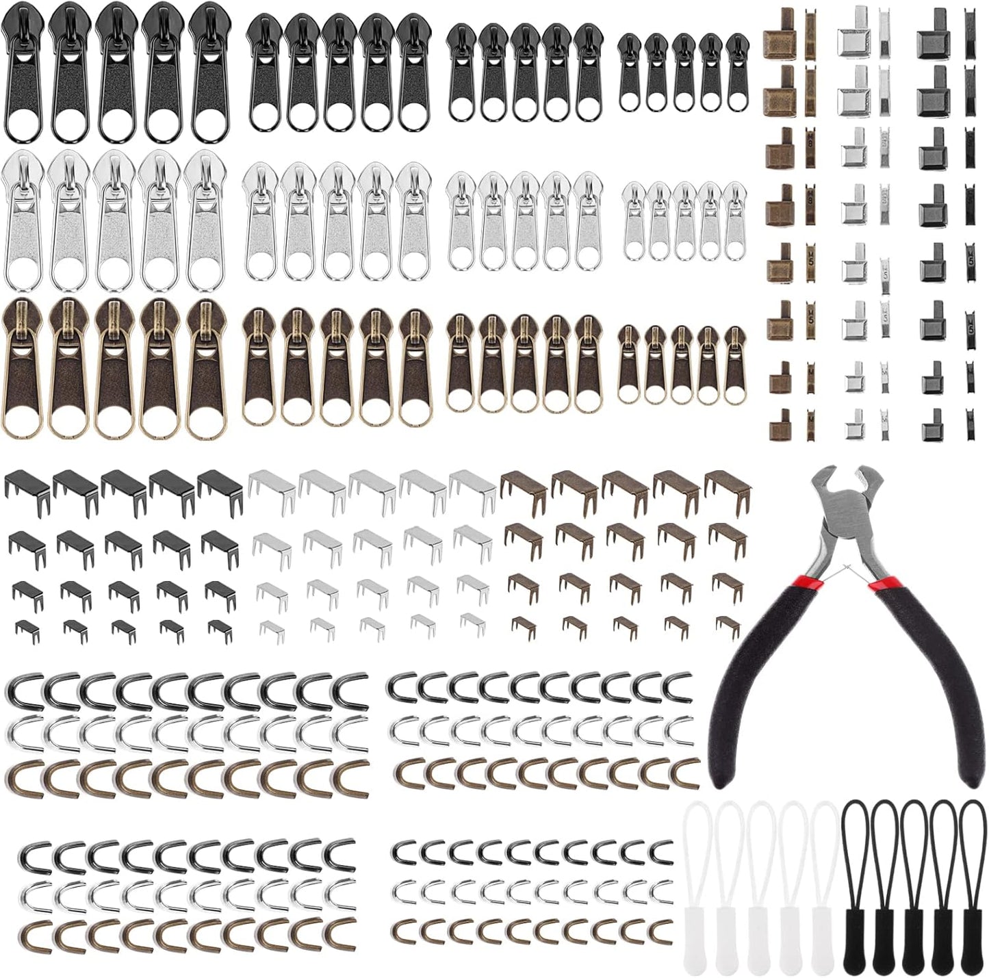 275 Pcs Zipper Repair Kit - Replacement Zipper Pulls & Sliders Set with Install Pliers for Jackets, Coats, Sleeping Bags, Backpacks