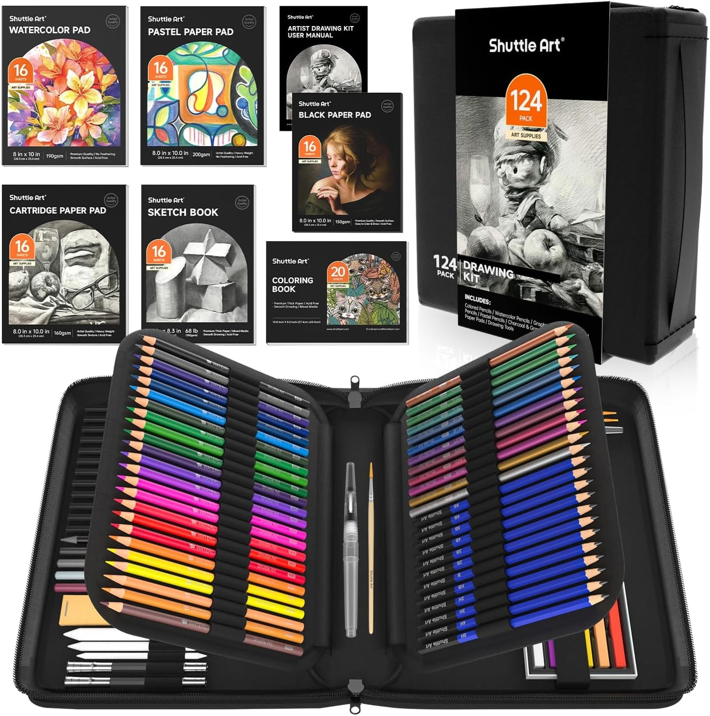Shuttle Art 124 PCS Drawing Kit, Professional Drawing Supplies with Sketch, Charcoal, Colored, Graphite, Pastel Pencils & Sticks, Complete Drawing Tools and Paper Pads in Zipper Case for Artists&Kids