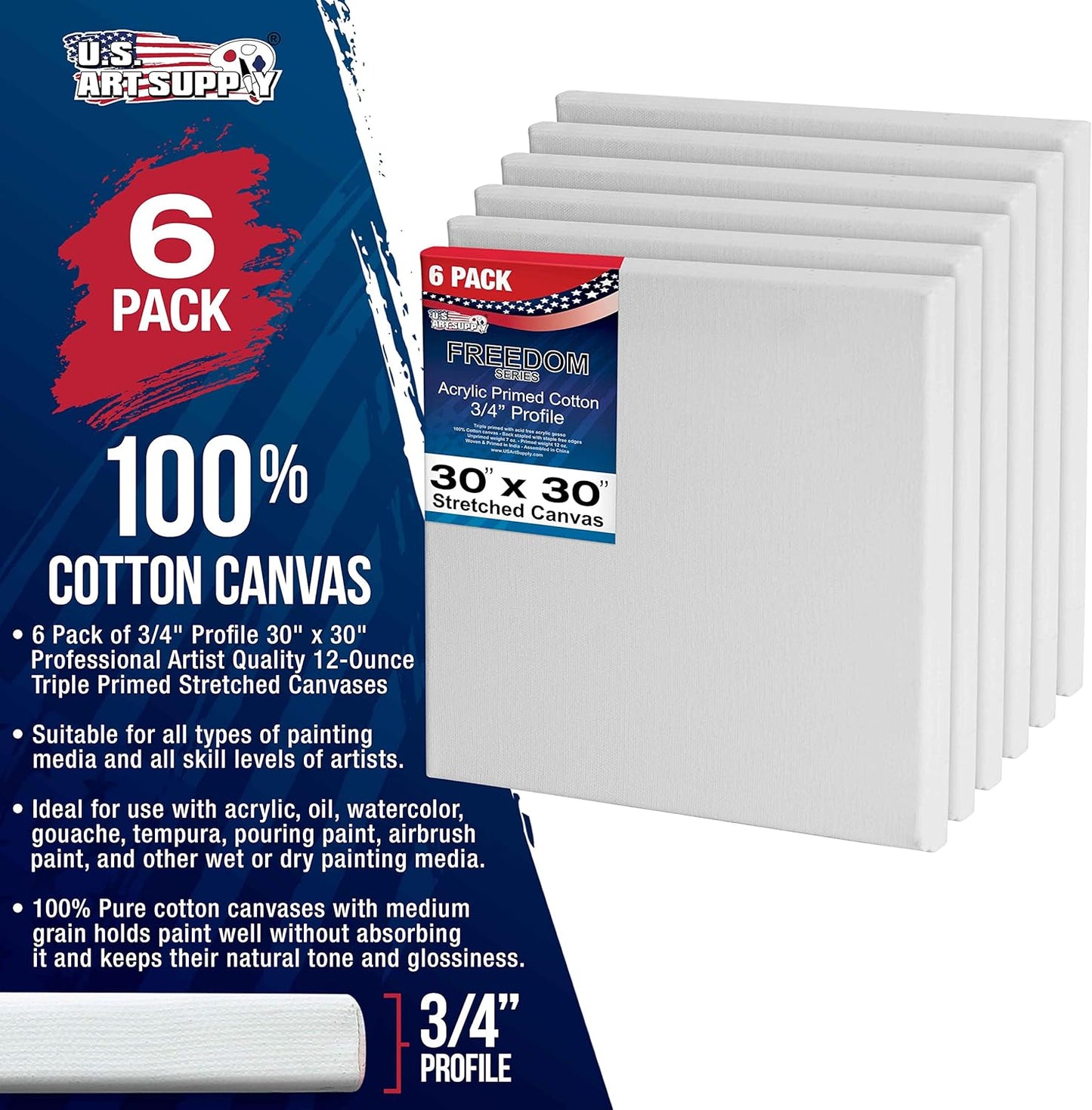 U.S. Art Supply 30 x 30 inch Stretched Canvas 12-Ounce Triple Primed, 6-Pack - Professional Artist Quality White Blank 3/4" Profile, 100% Cotton, Heavy-Weight Gesso - Acrylic Pouring, Oil Painting