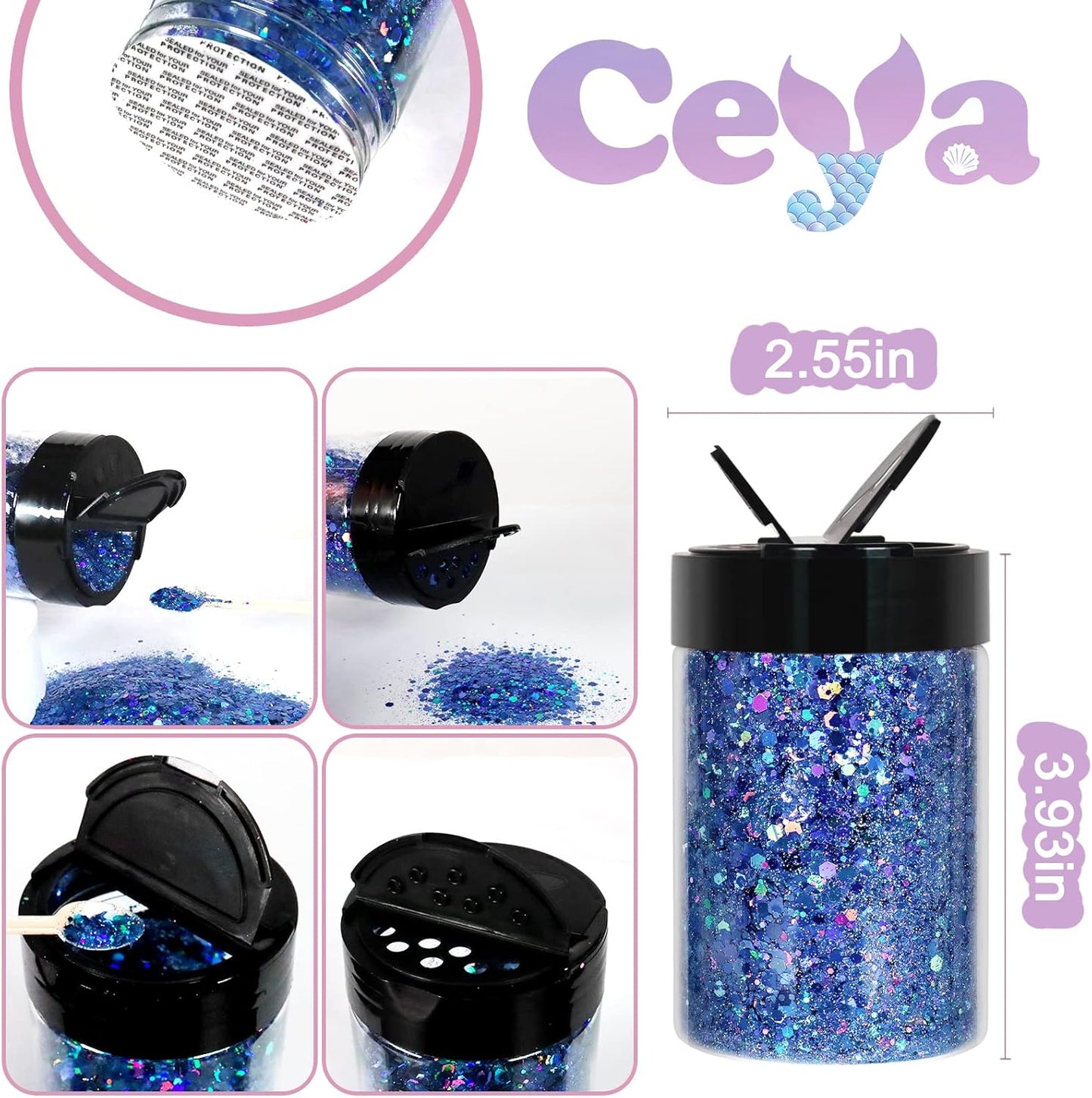 Ceya Holographic Chunky Glitter, 4.9oz/ 140g Royal Blue Craft Glitter Powder Mixed Chunky & Fine Flakes Iridescent Nail Sequins for Nail, Hair, Epoxy Resin, Tumblers, Slime, Painting, Festival Decor