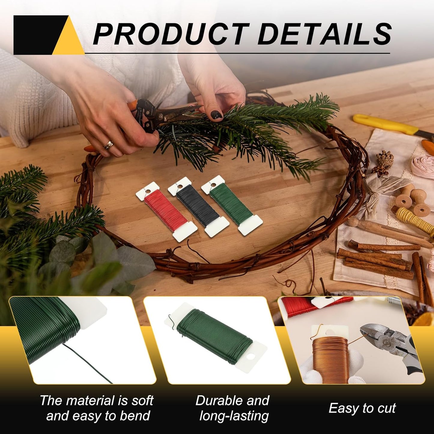 MECCANIXITY 114 Yards/345 Feet Metal Floral Wire 21 Gauge Green Flexible Paddle Thin Floral Wires for Craft, Christmas Wreath, Flower Arrangement, Wedding, Total 3 Roll