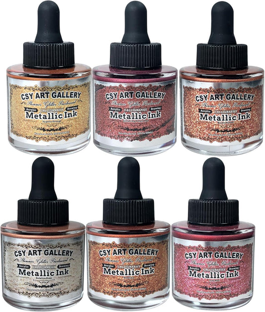 CSY art gallery Pearlescent Acrylic Inks Bottle with Dropper, 1oz - 29.5 ml Set of 6PCS Bronze Gold Red Liquid Drawing Ink for Calligraphy,Wood, Scrapbook Journals, Photo Albums (Saturn Twinkles Set)
