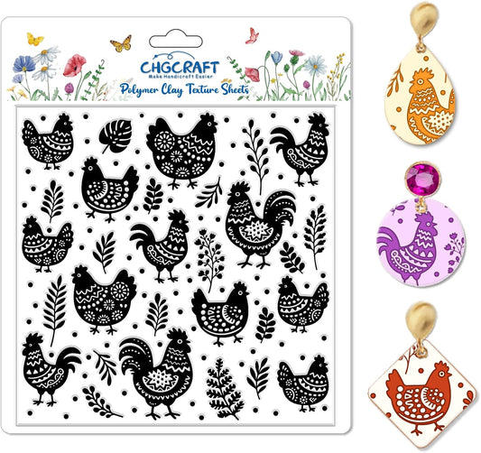CHGCRAFT Artistic Chicken Silhouette Polymer Clay Texture Sheet Plant Leaves Bohemian Silicone Texture Mat for Polymer Clay Making Earrings Jewelry DIY Crafts 5.5 × 5.5 Inch