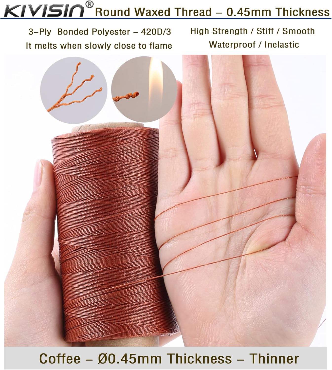 Thin Wax Polyester Thread, 0.45mm, 547 Yards, 3 Ply Round Waxed Cord Strings for Sewing, Beading, Binding, Micro Braiding, Fine Leather Craft and Micro Macrame Jewelry - Copper Color
