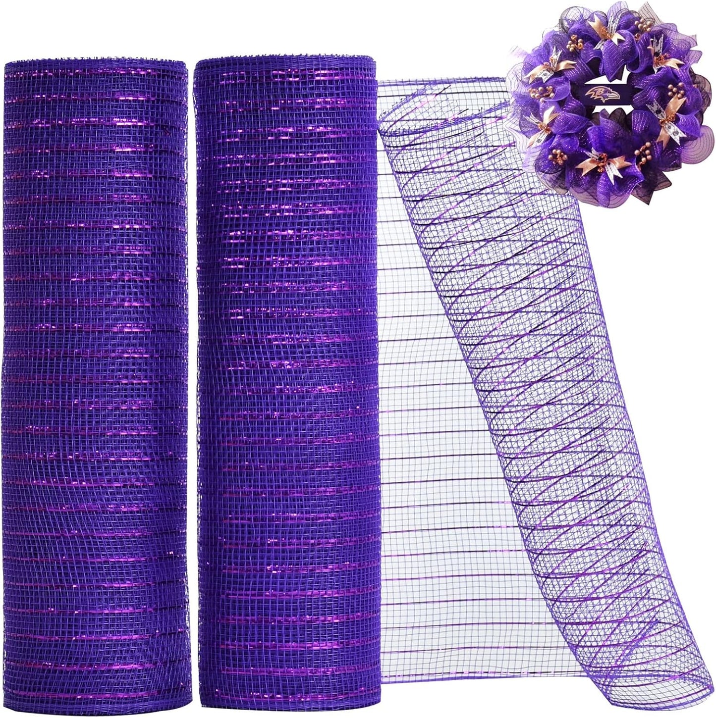 TONIFUL 2 Rolls 10 Inch Purple Decorative Mesh Ribbbon Rolls, Fabric Mesh with Foil for Wreath Supplies, Front Door Wreath Crafts Tree Decor Christmas NewYears Halloween Decoration (10 yds/roll)