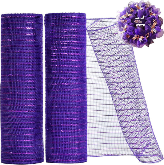 TONIFUL 2 Rolls 10 Inch Purple Decorative Mesh Ribbbon Rolls, Fabric Mesh with Foil for Wreath Supplies, Front Door Wreath Crafts Tree Decor Christmas NewYears Halloween Decoration (10 yds/roll)