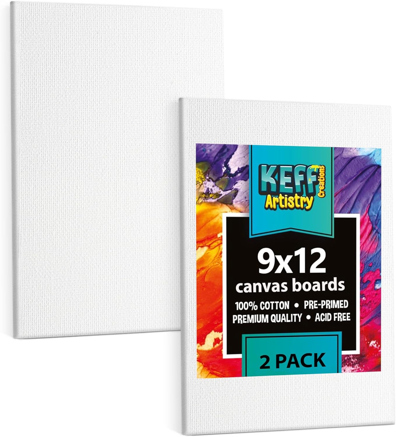 KEFF Canvas Boards for Painting - 9x12 2-Pack Bulk Canvas Panels Value Pack - 100% Cotton Triple Primed Canvases for Painting Supplies, Acrylic, Oil, Watercolor & Tempera