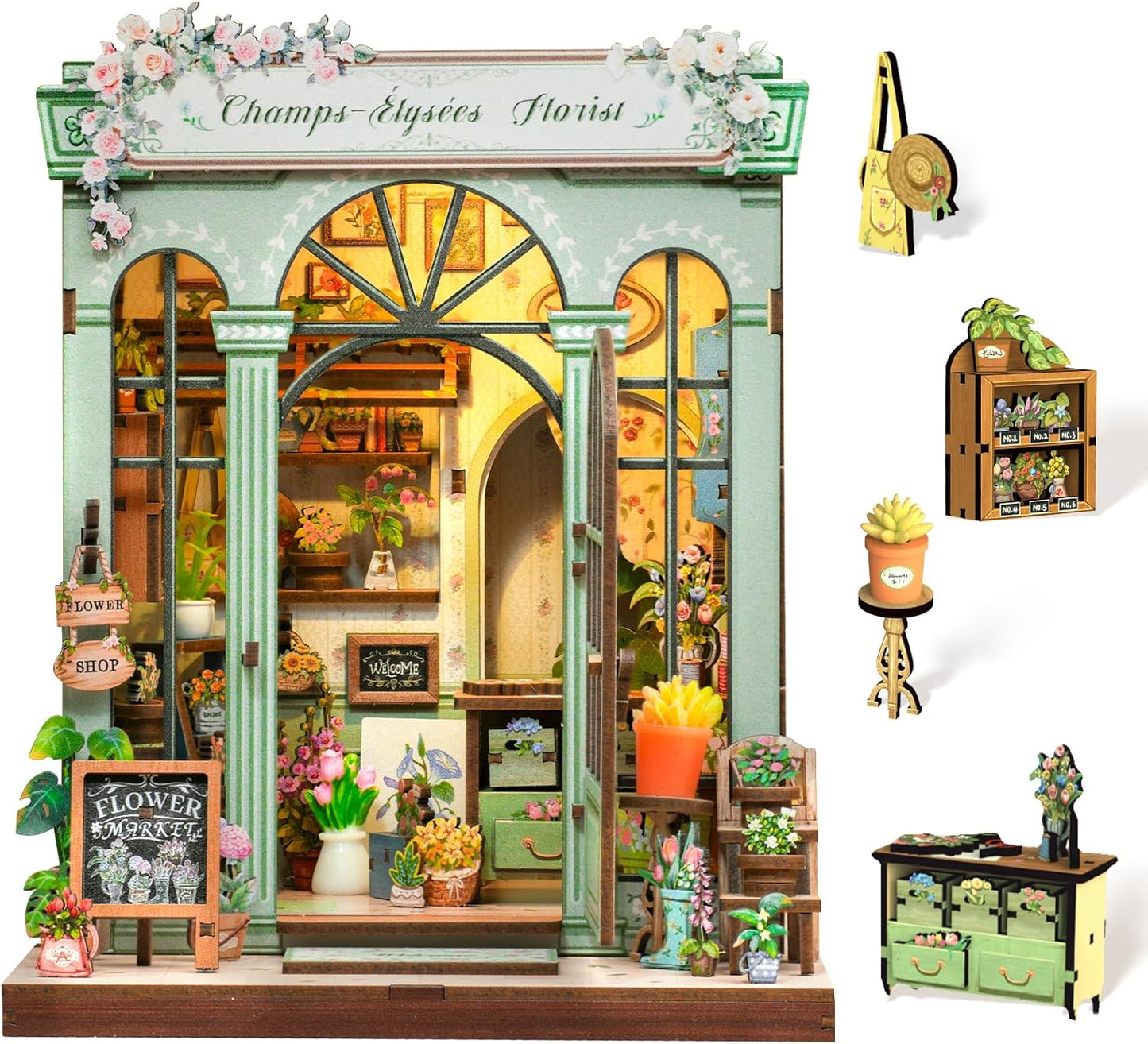 Cutefun Book Nook Kit - DIY Miniature Dollhouse Kit 3D Creative Decorative Bookend 3D Wooden Puzzle for Adults, Bookshelf Insert Room Decor with LED Light (Champs-Élysées Florist)