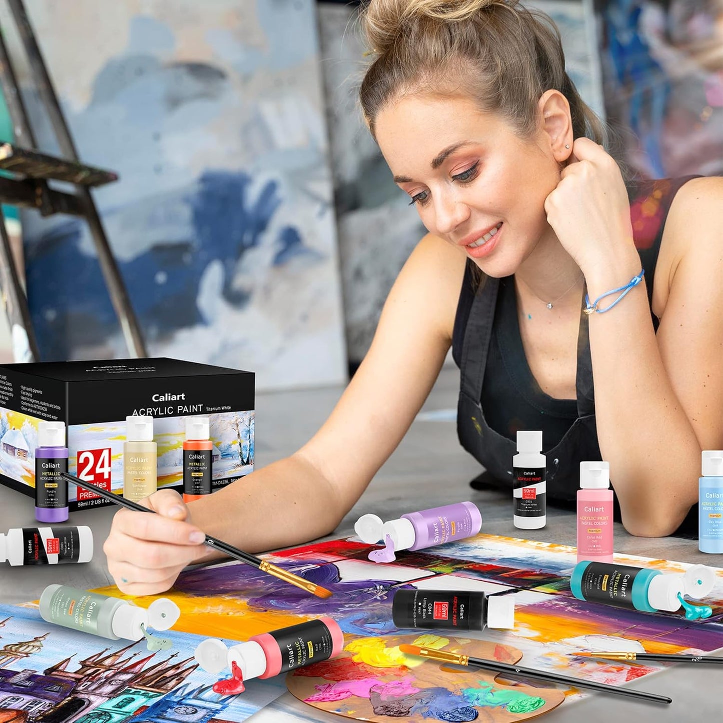 Caliart Black Acrylic Paint with 12 Brushes, 24 Art Craft Paints (59ml, 2oz) Gifts Trendy Stuff for Adults Artists, Canvas Ceramic Rock Eggs Painting Kit Art Supplies