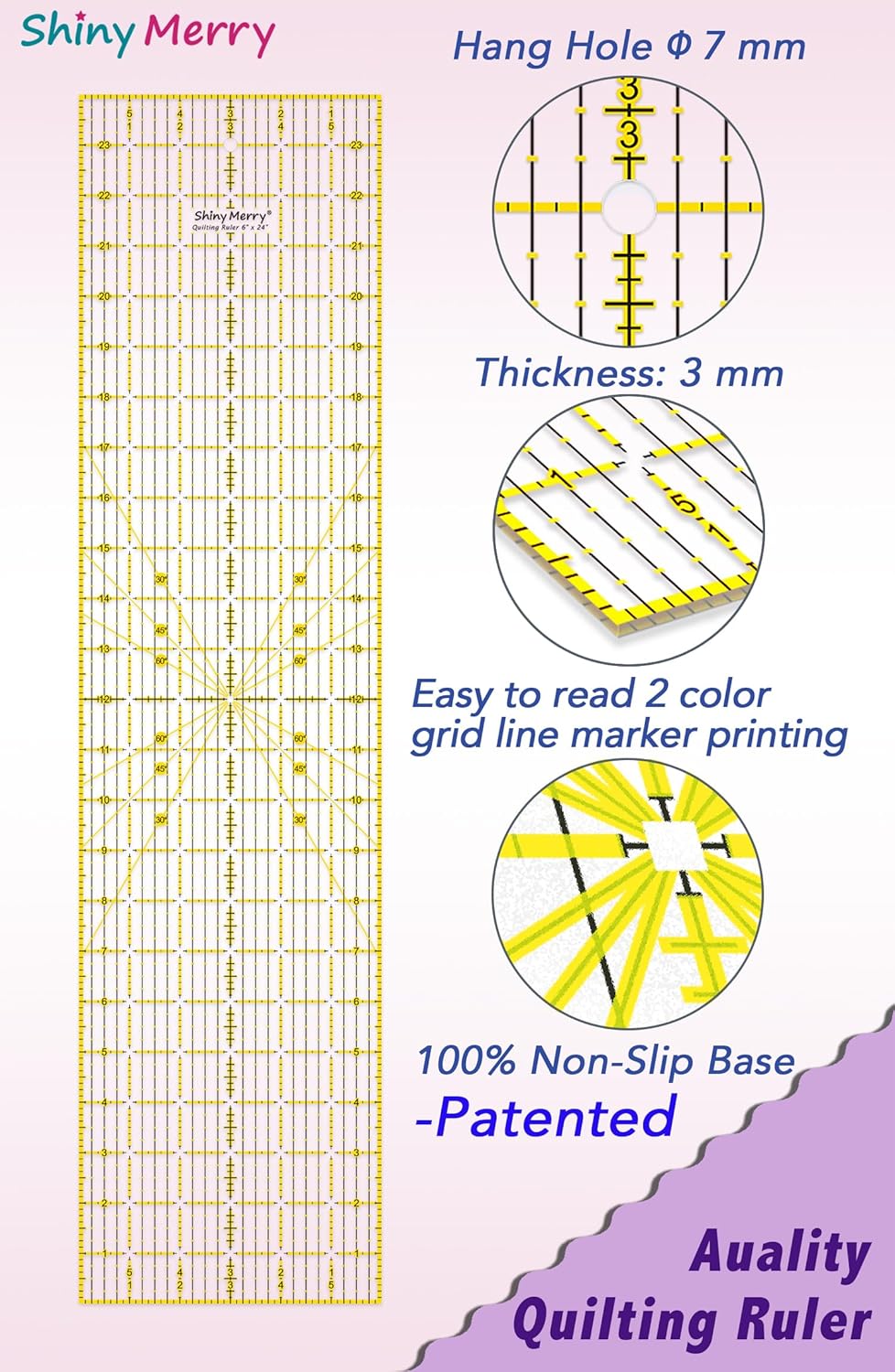 Quilting Ruler 6"x24",Non-Slip Clear Acrylic Sewing Ruler with Easy-to-Read Grid,Yellow & Black Grid Design,Perfect for Fabric,Patchwork,Cutting & Sewing Crafts,Durable Tool for Quilting