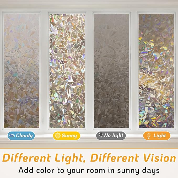 LUTE Window Privacy Film, Rainbow Window Flim, 3D Decorative Stained Glass Cling, Non-Adhesive Vinyl Static Cling Removable Glass Sticker, Sun UV Blocking Covering for Home, Brown, 23.6 x 78.7 inches