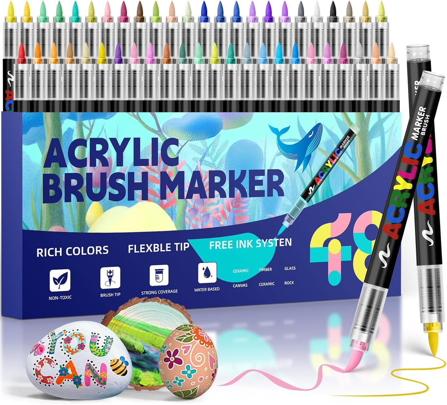 GOTIDEAL Acrylic Paint Markers Brush Tip,Waterproof Paint Pens acrylic Markers,No Bleed Acrylic Brush markers for Fabric,Wood,Rocks,Canvas Painting,Glass,Ceramic,Art Craft Supplies(48 Colors)