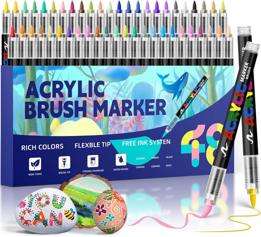 GOTIDEAL Acrylic Paint Markers Brush Tip,Waterproof Paint Pens acrylic Markers,No Bleed Acrylic Brush markers for Fabric,Wood,Rocks,Canvas Painting,Glass,Ceramic,Art Craft Supplies(48 Colors)