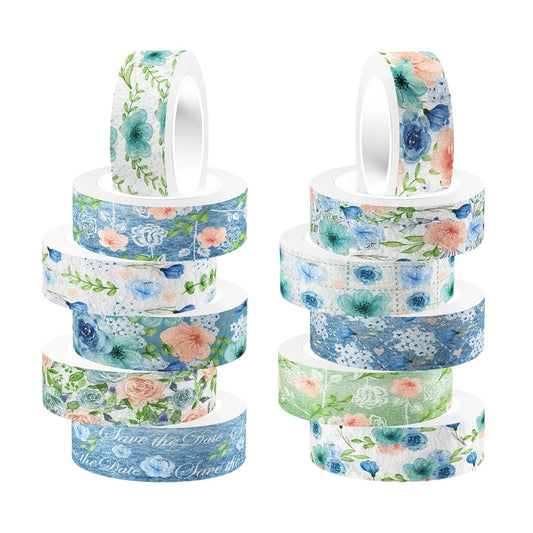 12 Rolls Floral Washi Tape, Blue Rose Flower Masking Tape, Vintage Blue Pink Floral Decorative Tapes for DIY Craft Scrapbook Journals Envelope Thanksgiving Christmas Party Decor Gift Wrapping 16.4FT