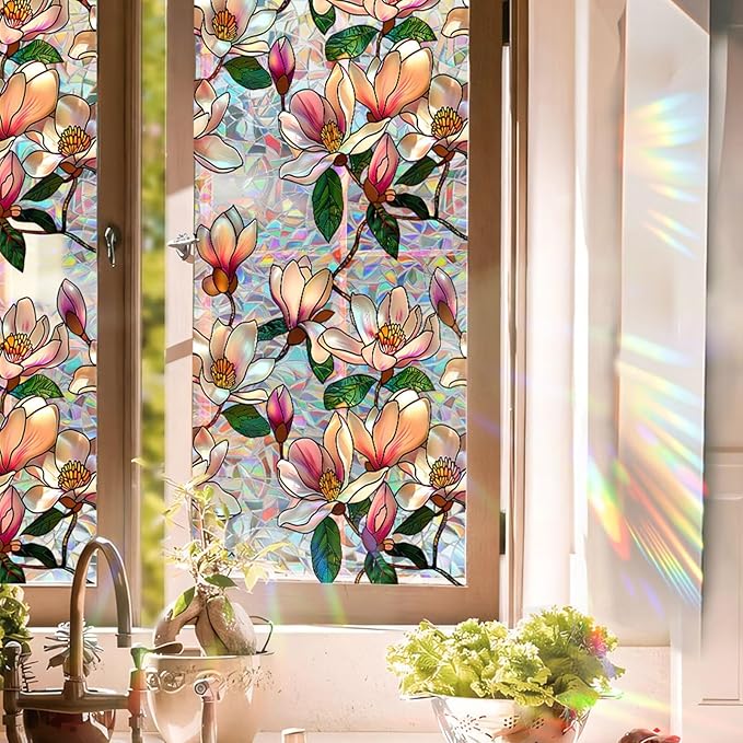 Floral Stained Glass Window Film, Static Cling Rainbow Privacy Film Sun Blocking, Removable Window Films for Bathroom Bedroom Living Room Sunroof, 17 x 78.74 Inch