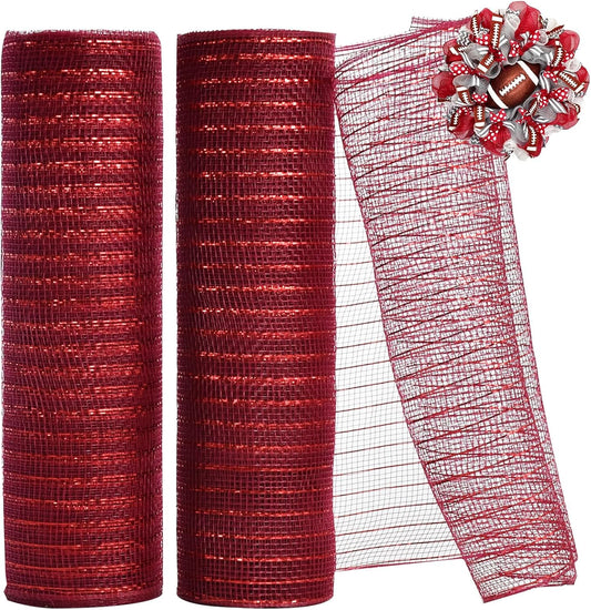 TONIFUL 2 Rolls 10 Inch Claret Decorative Mesh Ribbbon Rolls, Fabric Mesh with Foil for Wreath Supplies, Front Door Wreath Crafts Tree Decor Christmas NewYears Halloween Decoration (10 yds/roll)