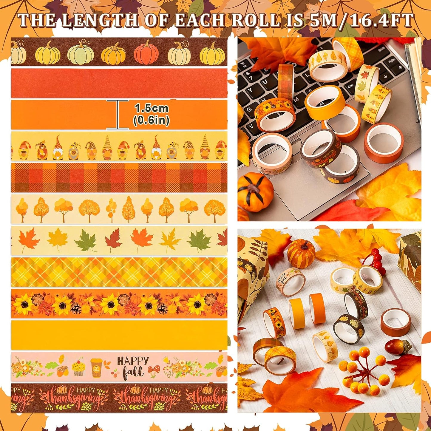 Whaline 12 Rolls Fall Washi Tape Thanksgiving Autumn Maple Leaves Pumpkin Gnome Masking Washi Tape 15mm Thanksgiving Harvest Decorative Tape Sticker for Scrapbook Journal DIY Craft Gift Wrapping