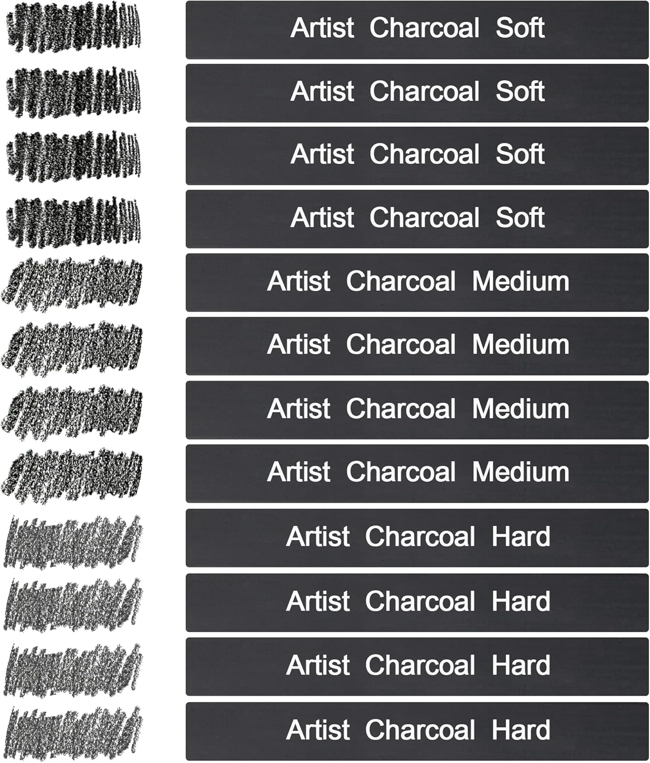 12 Pack Compressed Charcoal Sticks, Vine Charcoal Stick for Drawing, Sketching, Shading, Art Supplies Sketch Kits Tools Soft, Medium and Hard Grade