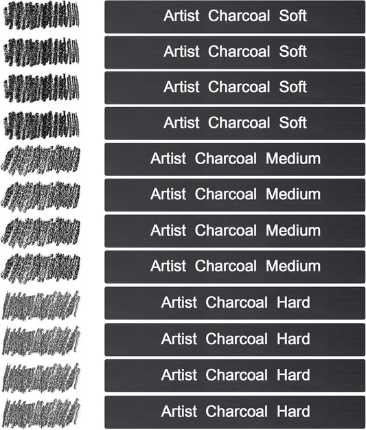 12 Pack Compressed Charcoal Sticks, Vine Charcoal Stick for Drawing, Sketching, Shading, Art Supplies Sketch Kits Tools Soft, Medium and Hard Grade