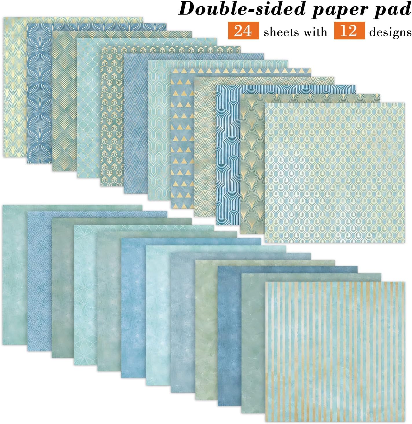 6''x 6'' Blue Geometric Scrapbook Paper Pad- 24 Sheets Double Sided Paper for Junk Journal Supplies DIY Cards Making Decor Gifts Crafts Wrapping Decorative Collage Folded Photo Album