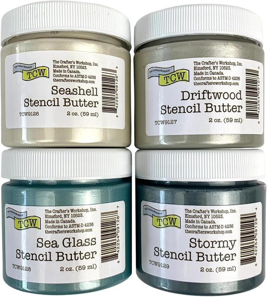 The Crafter's Workshop Stencil Butter - Beach House Acrylic Paint Set - Boutique Metallic Texture Paste for Art, Canvas, Journals, & Cards - 4 x 2oz Jars