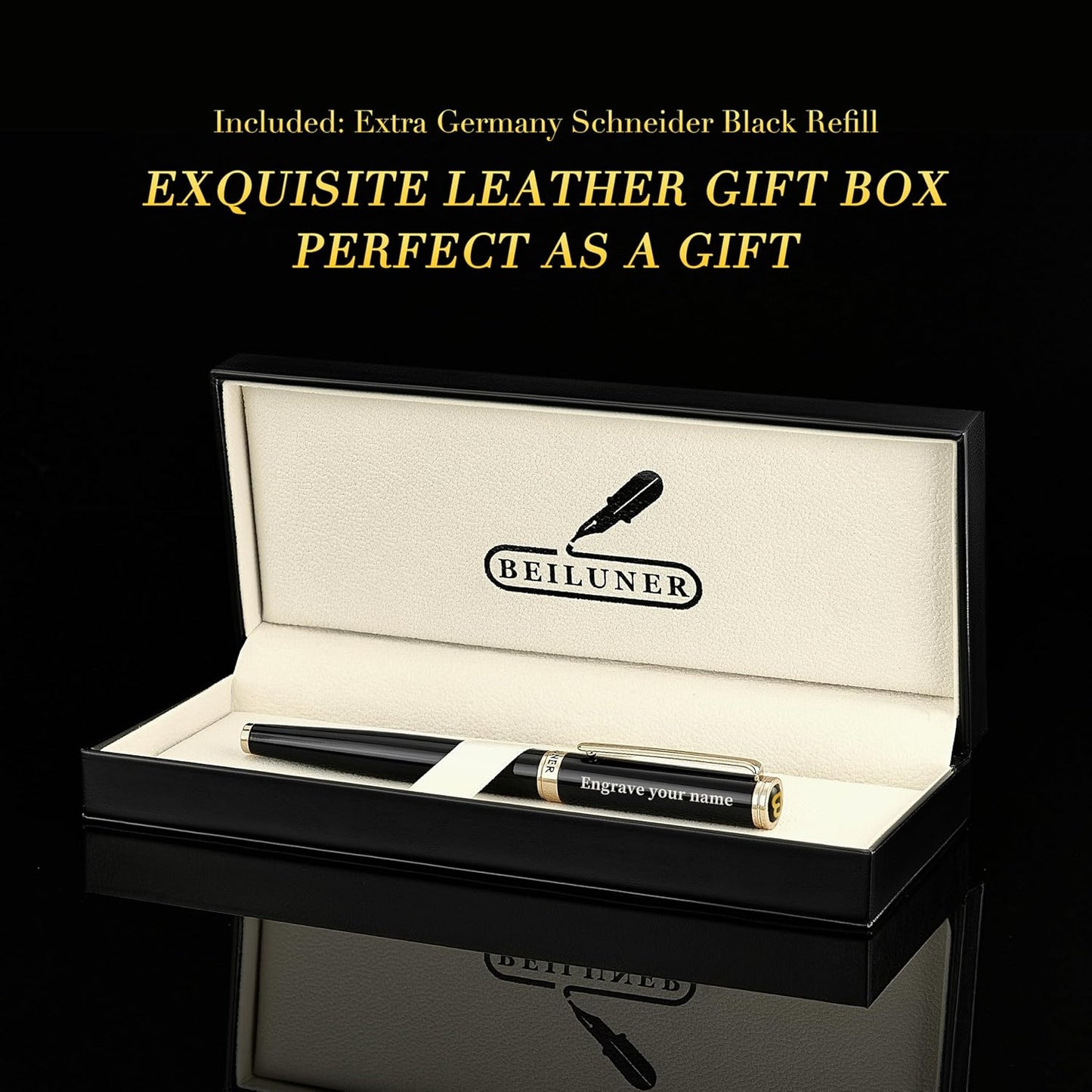 BEILUNER Black Personalized Pen,Stunning Luxury Lacquer With 24K Gold,Schneider Ink Refills,Multiple Fonts To Custom Rollerball,Gift Pen For Men & Women,Executive,Graduation,Christmas,Nice Pens