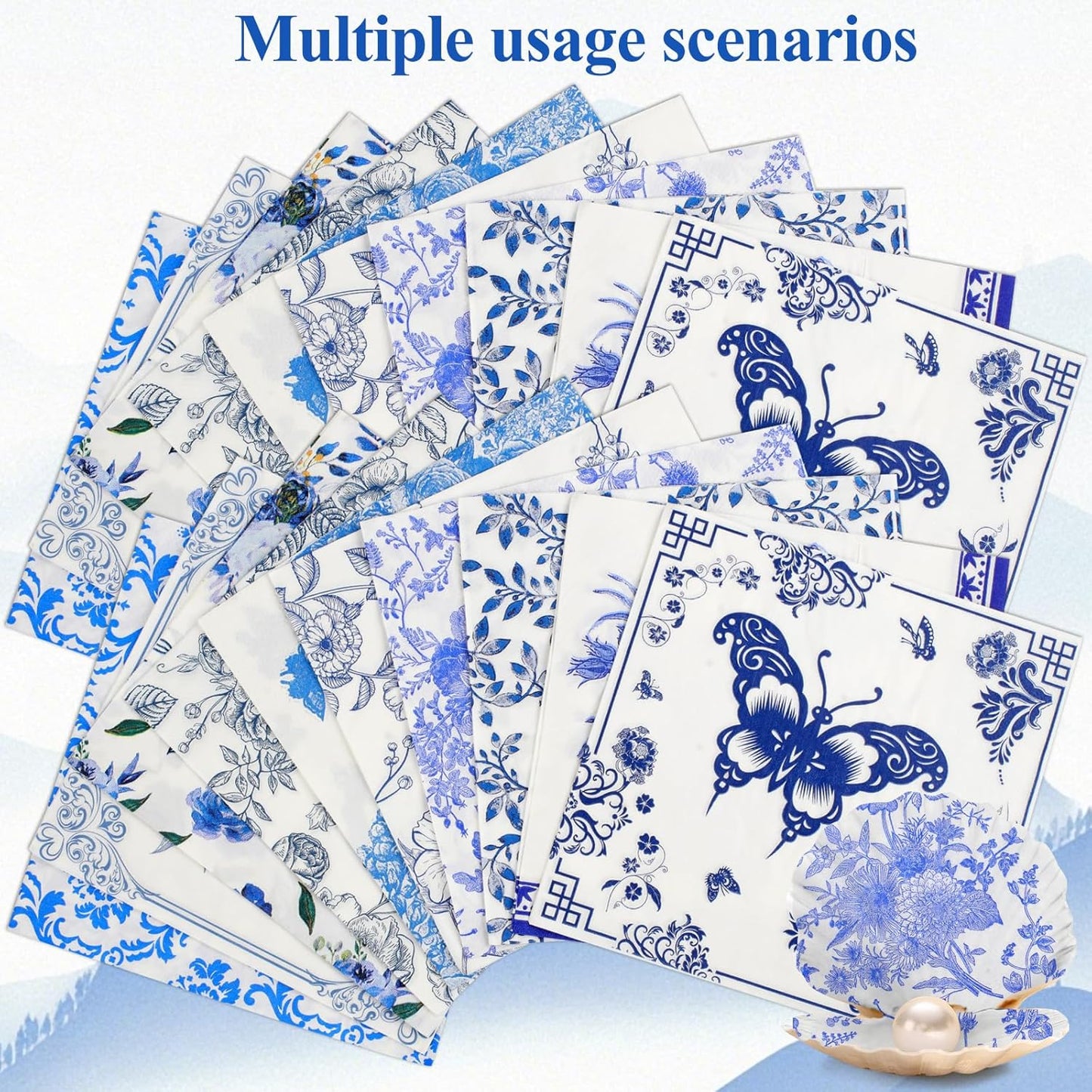 40 Pack 10 Styles Decoupage Paper Napkins, Assorted Blue and White Floral Decorative Decoupage Cocktail Napkins for Birthday Tea Party Wedding Dinner Kitchen Bathroom