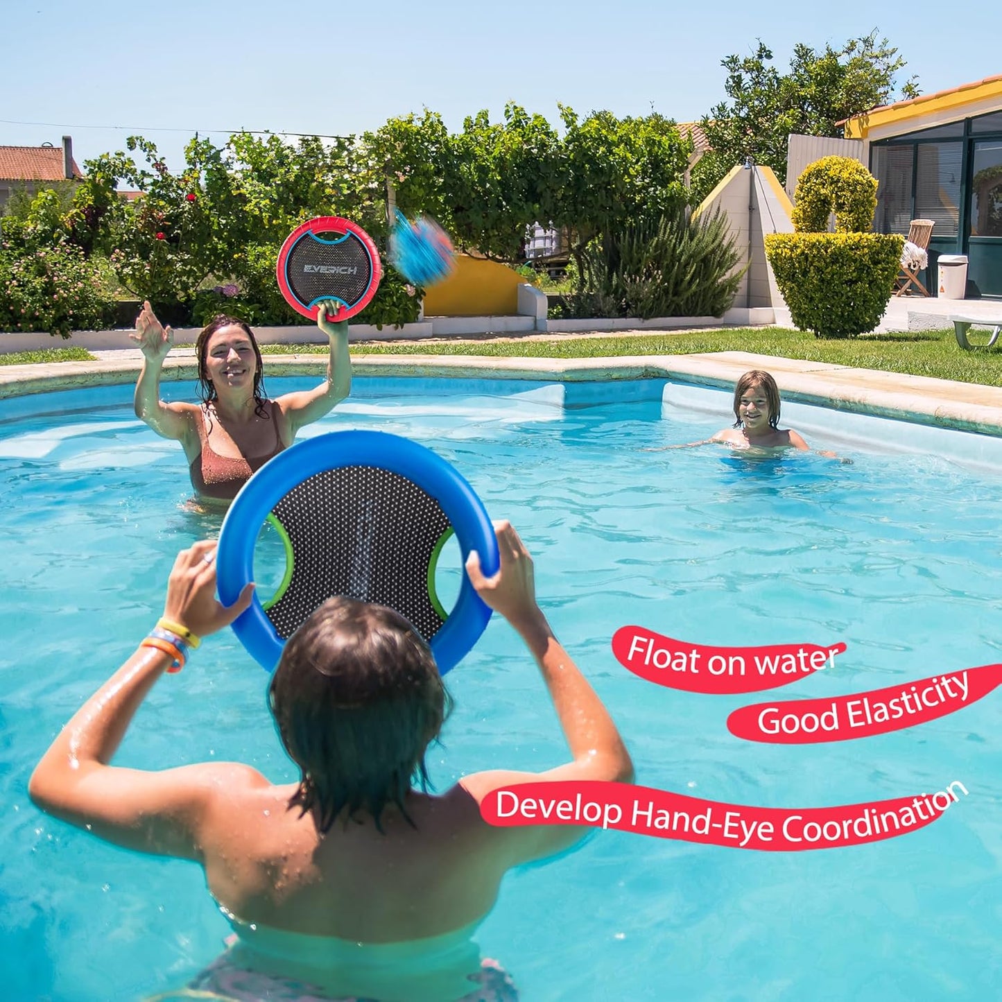 EVERICH TOY Trampoline Paddle Ball Set with 2 Bouncy Paddles & 4 Balls - Soft Foam Design for Kids Play Indoor Outdoor Beach Backyard Lawn - Great Gift Idea for Boys & Girls (Blue & Red)